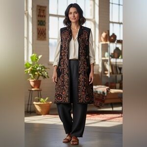 Black 100% Silk Embroidered Long Line Open Cardigan Vest Boho Artsy Avant Garde